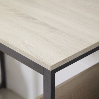 The desk's tabletop is in natural wood grain finish 