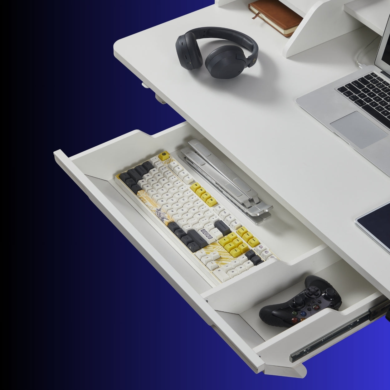The desk accessory set includes a large drawer provides plenty of storage space for desk accessory, such as keyboard and mouse